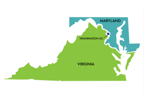 A regional map showing Washington D.C., Maryland, and Virginia.