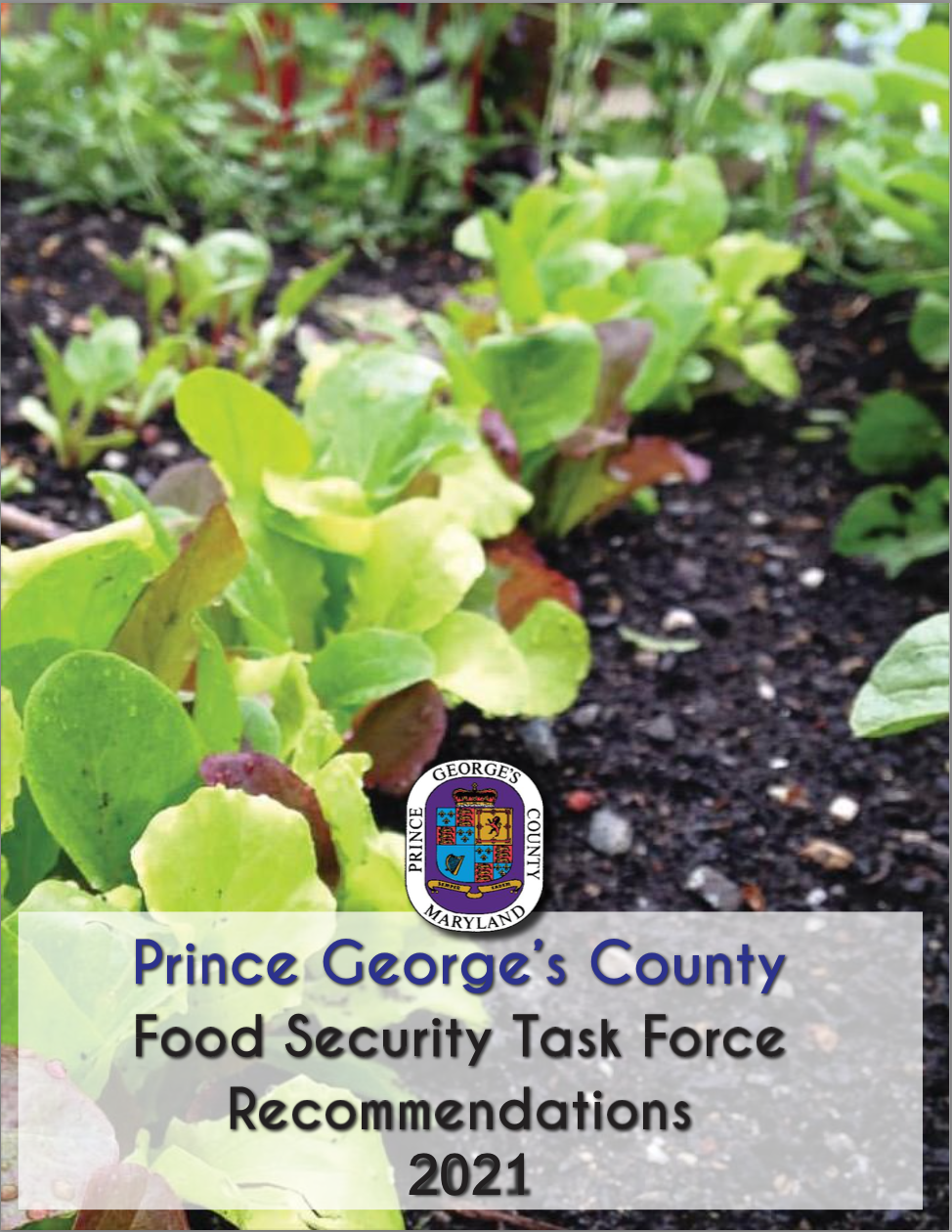 Title "Prince George's County Food Security Task Force Recommendations 2021" over a background image of crops growing from the ground.