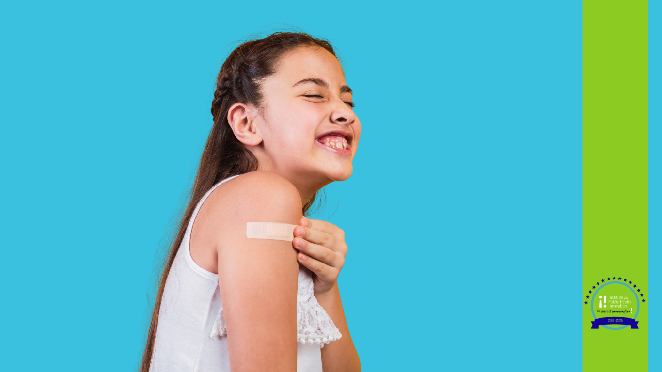 Website front page Hispanic girl smiling with bandaid on right arm - promote immunization